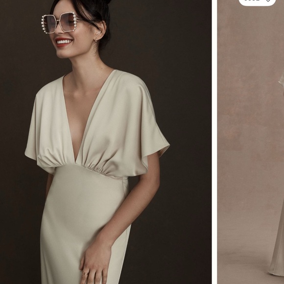 BHLDN LEILA DEEP-V FLUTTER-SLEEVE SATIN A-LINE GOWN - Picture 3 of 6